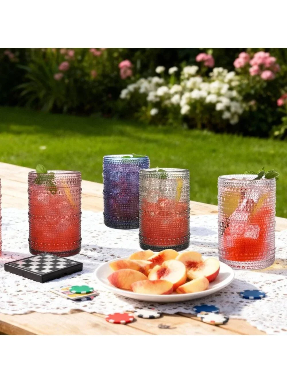 Vintage Colored Hobnail Highball Glasses Set of 6, 15 oz Drinkware for